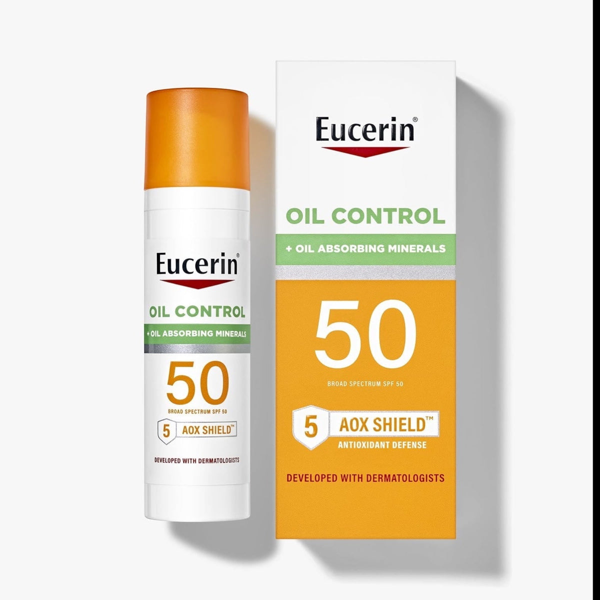 Panamed Pharmacy Eucerin SPF 50 Oil Control sunscreen bottle and box with AOX Shield antioxidant defense formula.