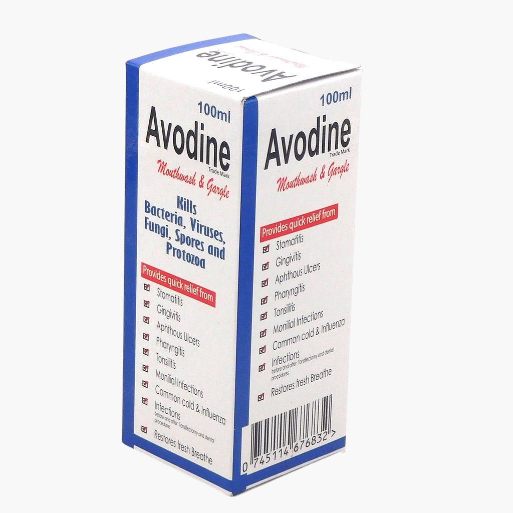 Panamed Pharmacy Avodine 100ml antiseptic mouthwash and gargle solution box for oral hygiene and infection relief