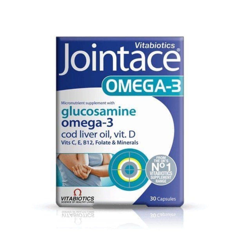 Panamed Pharmacy Vitabiotics Jointace Omega-3 supplement box with glucosamine, cod liver oil, and vitamin D.