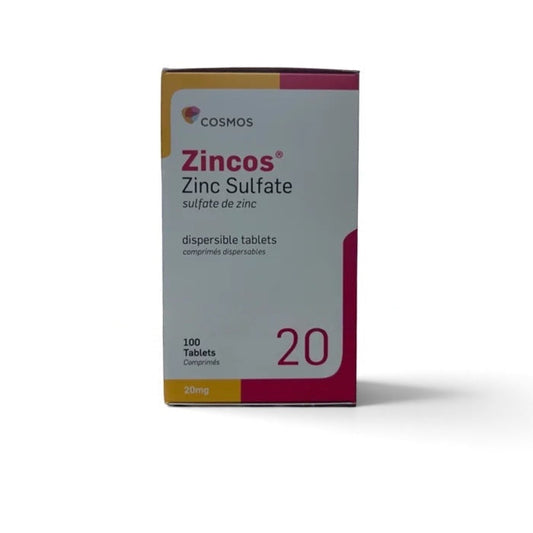 Panamed Pharmacy Zincos Zinc Sulphate 20mg dispersible tablets in a 100-count box for immune support.